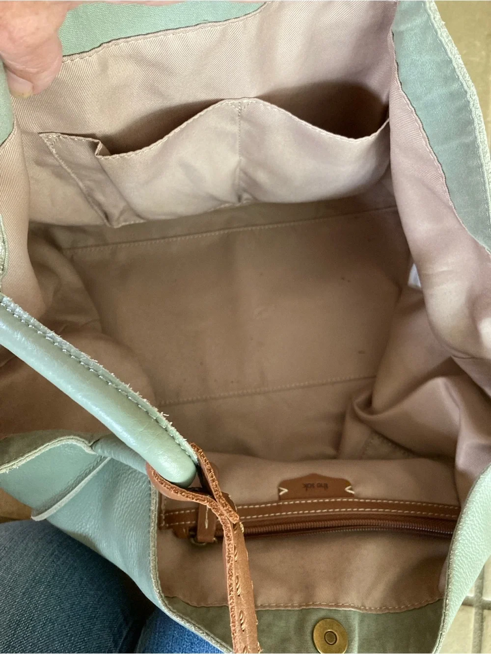 The Sak Leather Tote Bag in Light Sage with Contrast Brown Handles